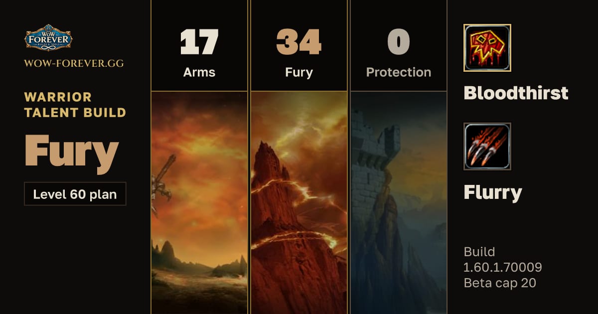 The preview card for Warrior 17/34/0 Fury build for WoW Forever
