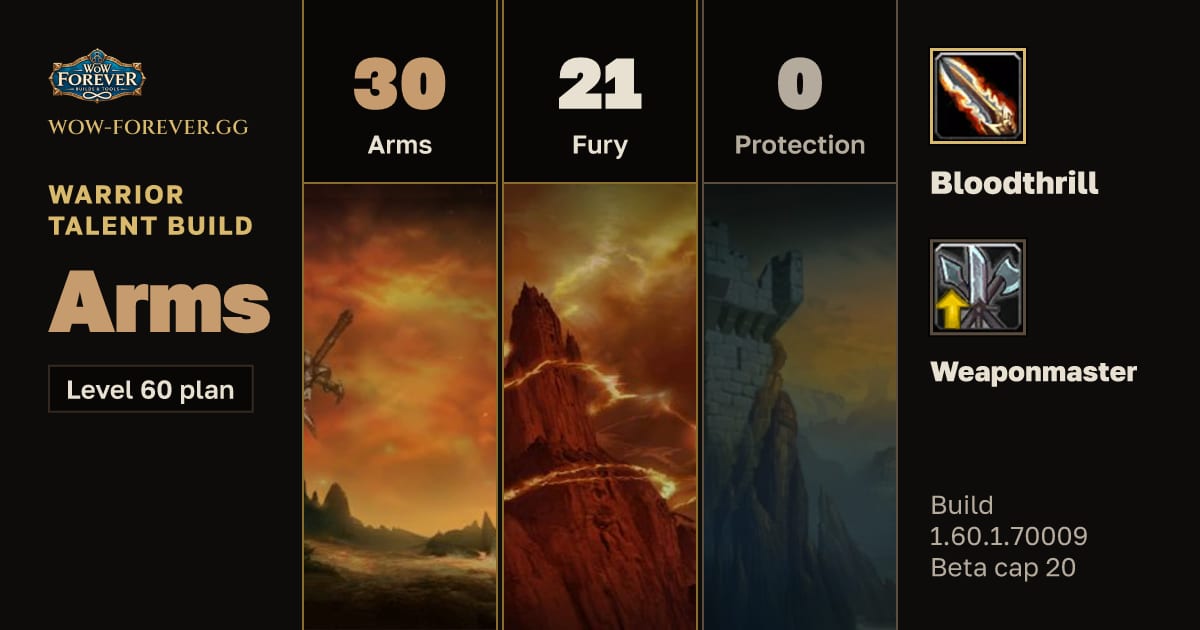 The preview card for Warrior 30/21/0 Arms build for WoW Forever