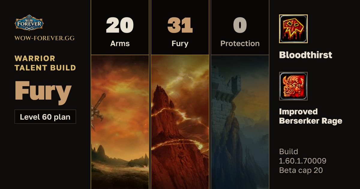 The preview card for Warrior 20/31/0 Fury build for WoW Forever