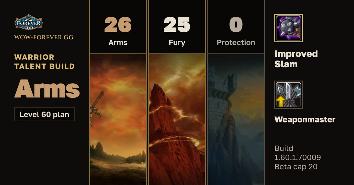 The preview card for Warrior 26/25/0 Arms build for WoW Forever