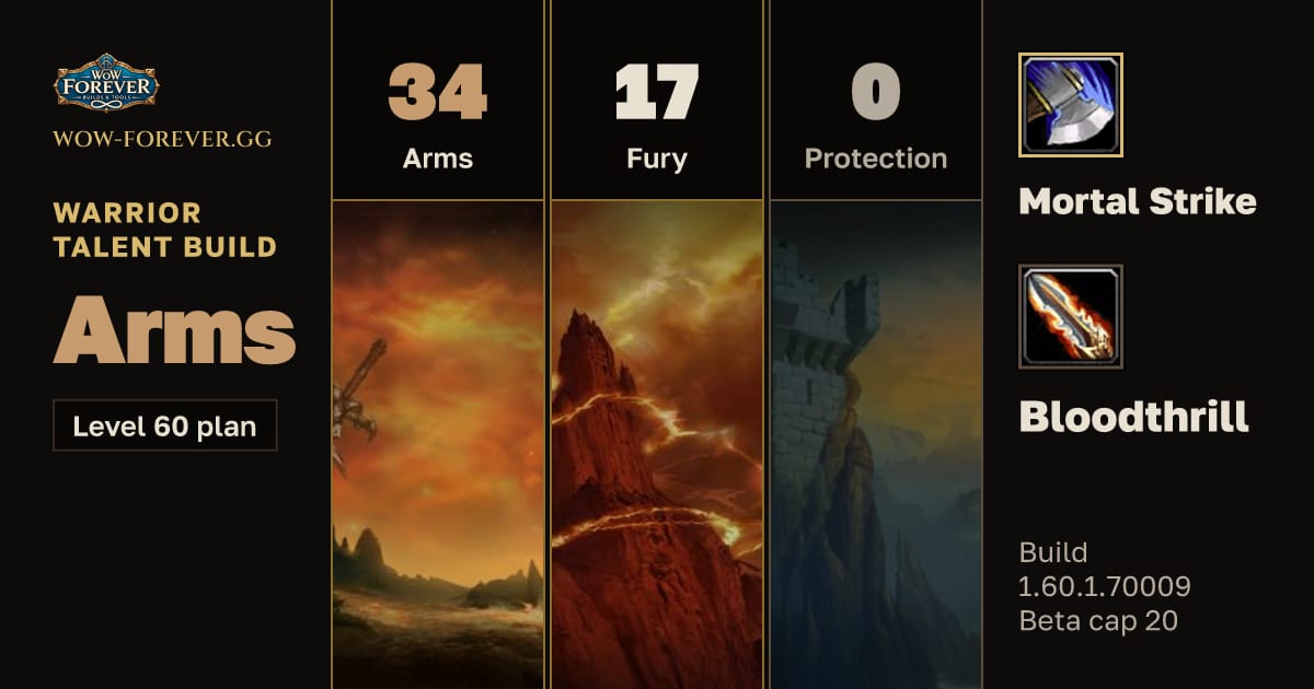 The preview card for Warrior 34/17/0 Arms build for WoW Forever
