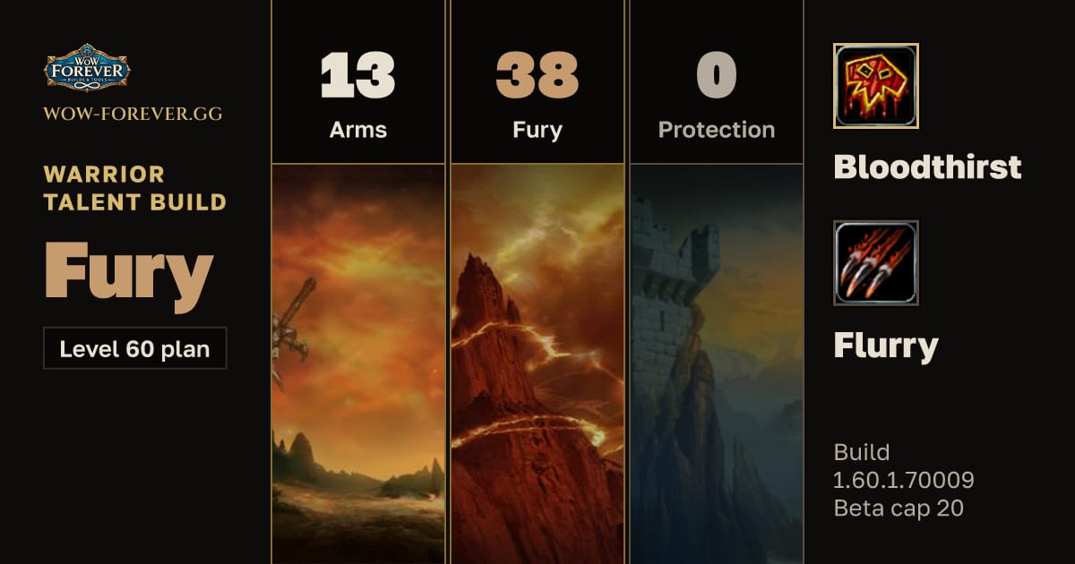 The preview card for Warrior 13/38/0 Fury build for WoW Forever