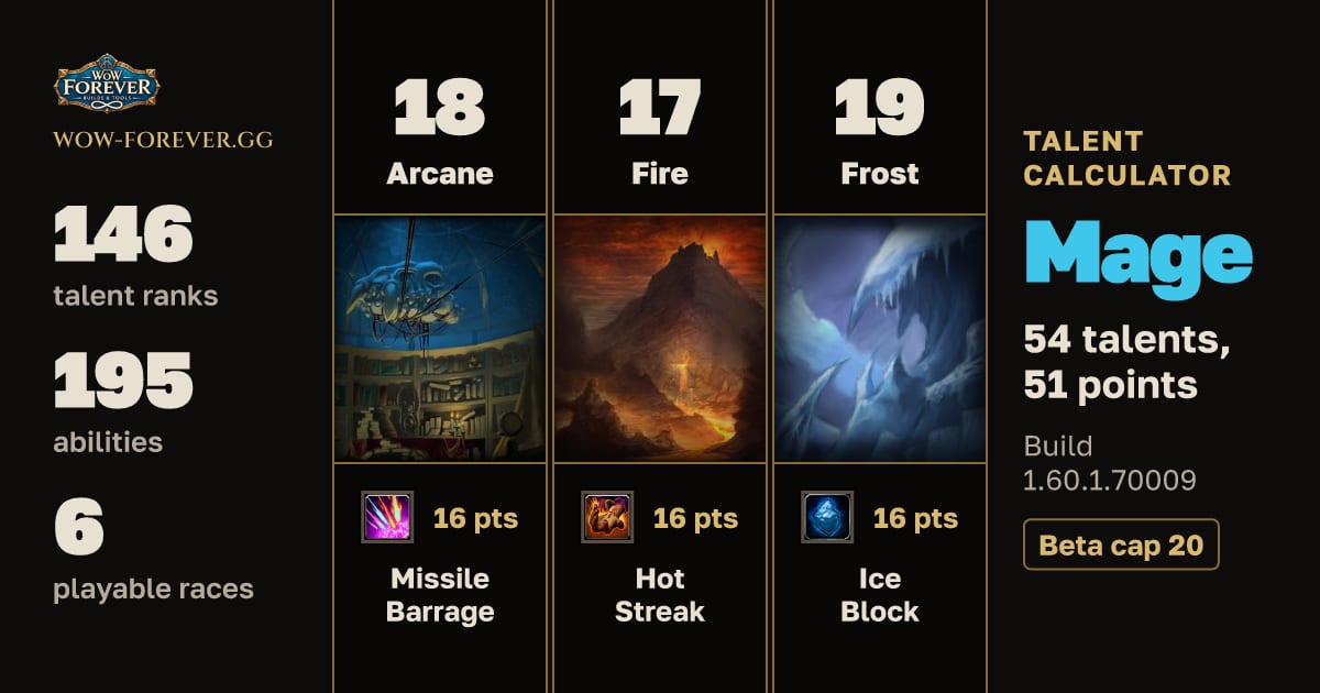 The preview card for Mage talent build for WoW Forever