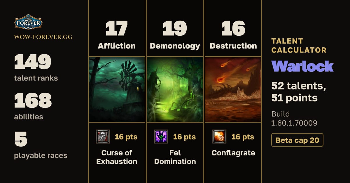 The preview card for Warlock talent build for WoW Forever