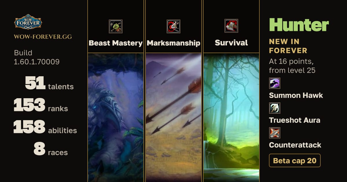 The preview card for Hunter: abilities by level, talents, races