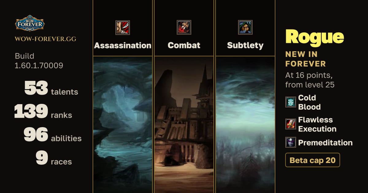 The preview card for Rogue: abilities by level, talents, races