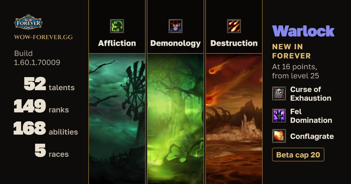 The preview card for Warlock: abilities by level, talents, races