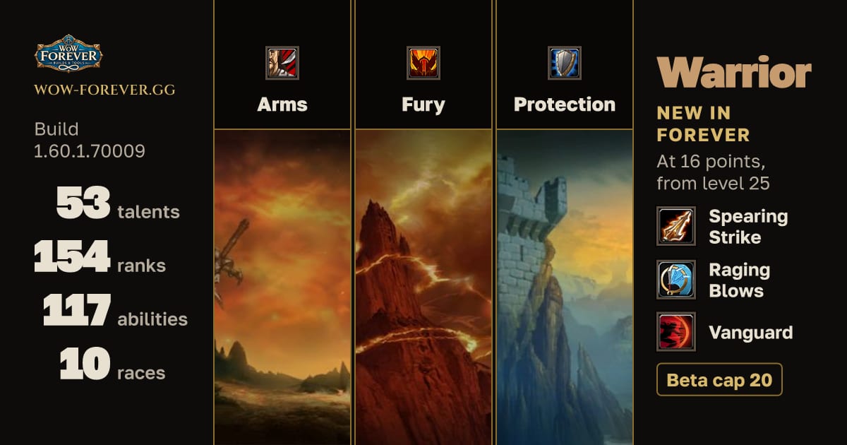 The preview card for Warrior: abilities by level, talents, races