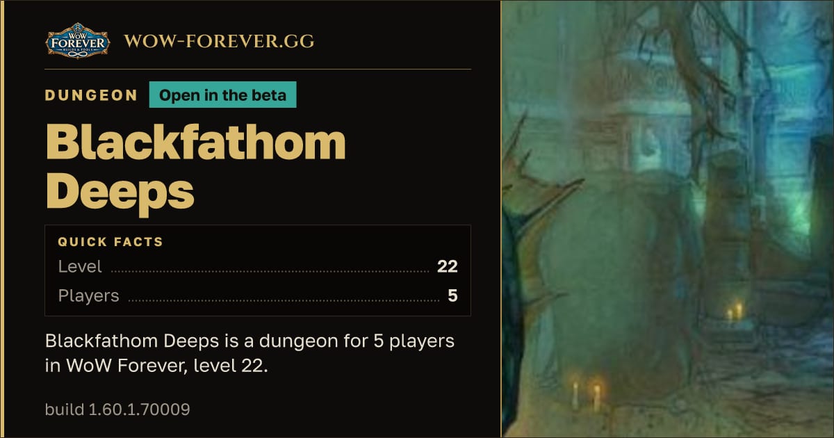 The preview card for Blackfathom Deeps - Dungeon, level 22, 7 bosses
