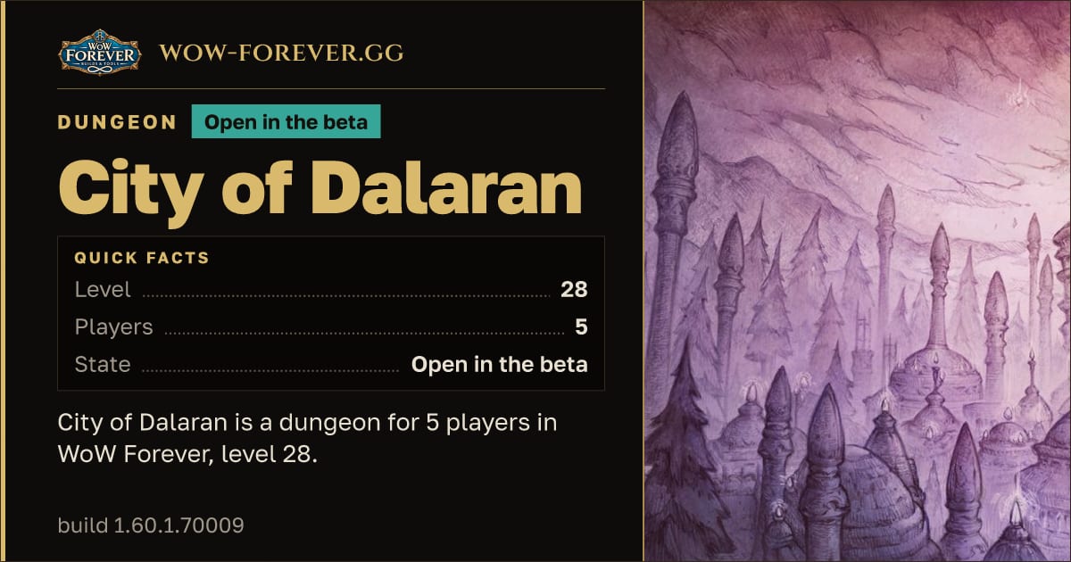 The preview card for City of Dalaran - Dungeon, level 28, 9 bosses