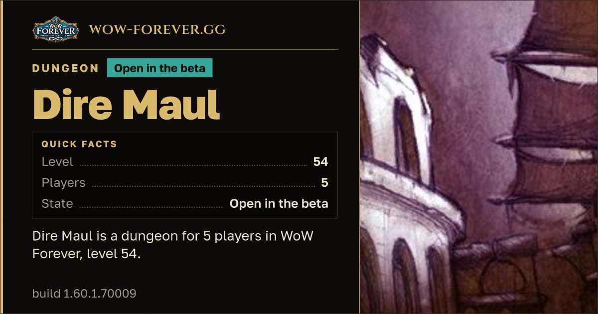 The preview card for Dire Maul - Dungeon, level 54, 19 bosses