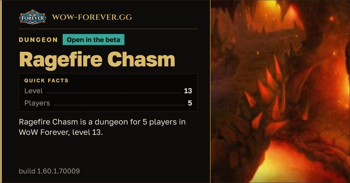 The preview card for Ragefire Chasm - Dungeon, level 13, 4 bosses