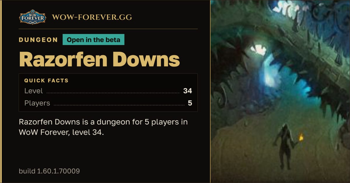 The preview card for Razorfen Downs - Dungeon, level 34, 6 bosses