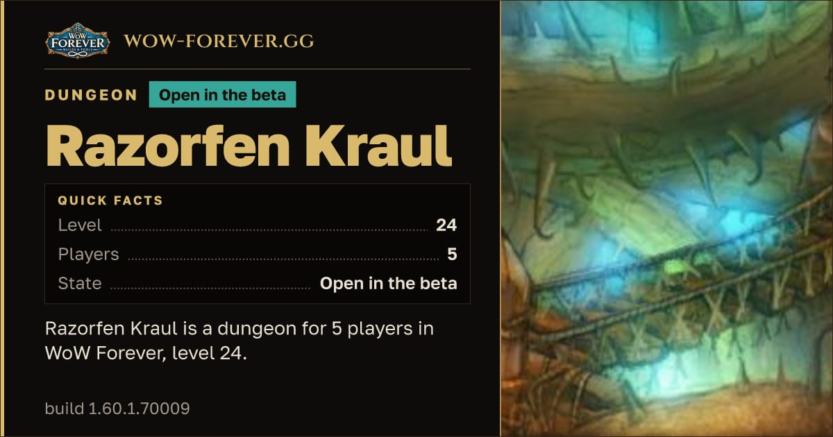The preview card for Razorfen Kraul - Dungeon, level 24, 6 bosses