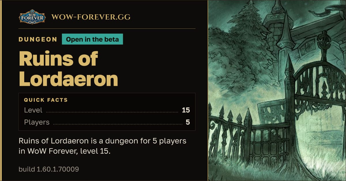 The preview card for Ruins of Lordaeron - Dungeon, level 15, 7 bosses