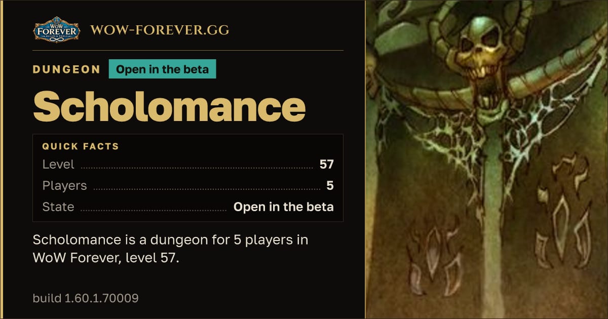 The preview card for Scholomance - Dungeon, level 57, 14 bosses