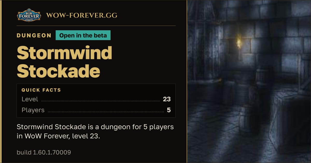 The preview card for Stormwind Stockade - Dungeon, level 23, 5 bosses