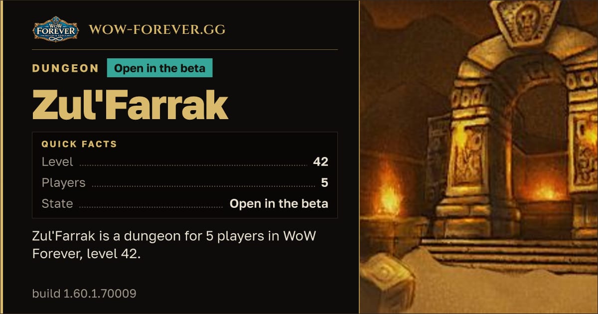The preview card for Zul'Farrak - Dungeon, level 42, 8 bosses