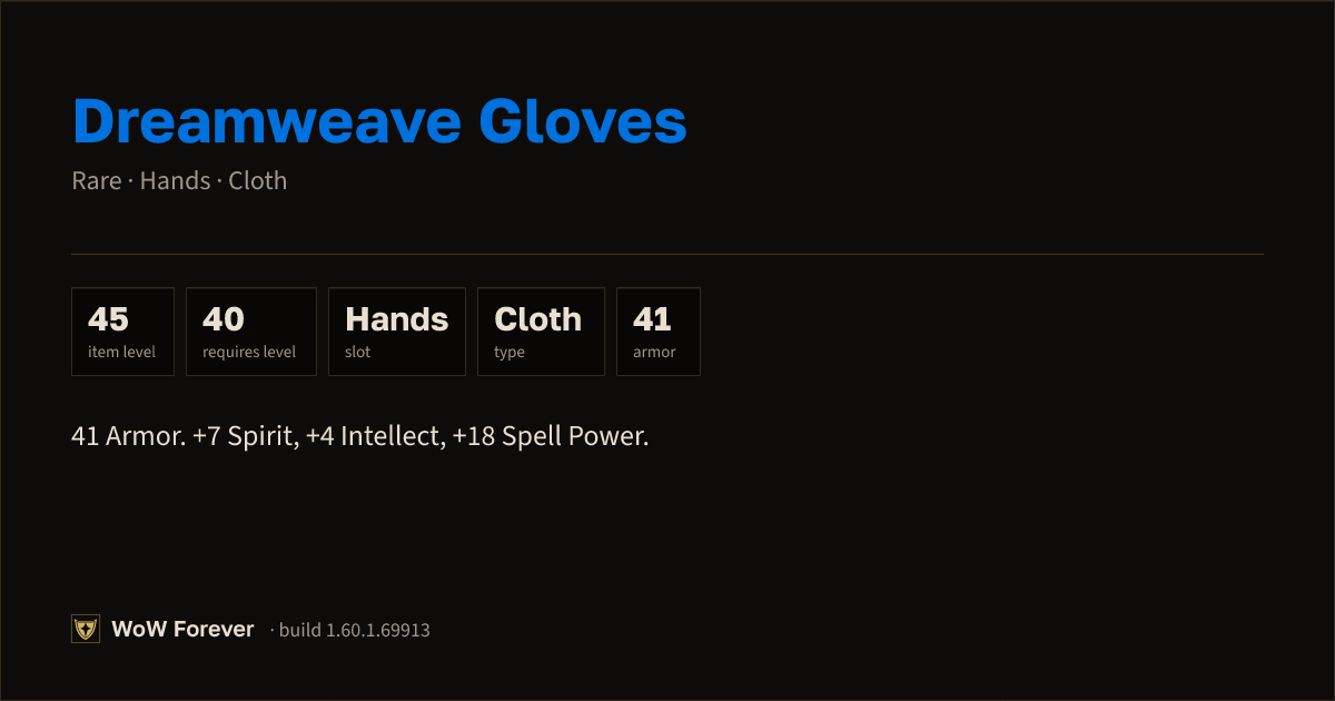 The preview card for Dreamweave Gloves - Rare Cloth Hands, Item Level 45