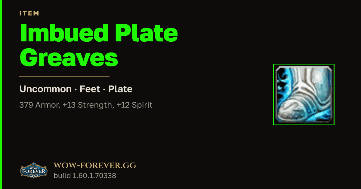 The preview card for Imbued Plate Greaves