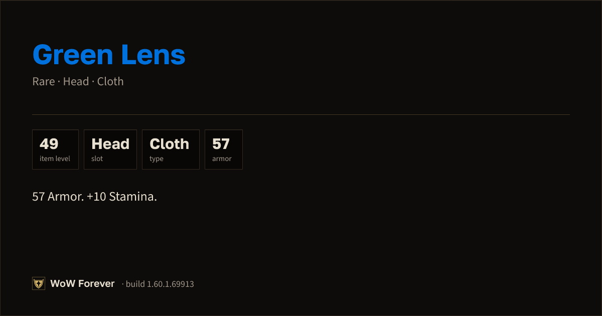 The preview card for Green Lens - Rare Cloth Head, Item Level 49