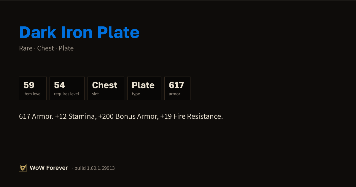 The preview card for Dark Iron Plate - Rare Plate Chest, Item Level 59