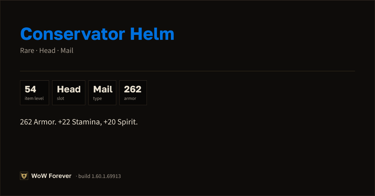The preview card for Conservator Helm - Rare Mail Head, Item Level 54
