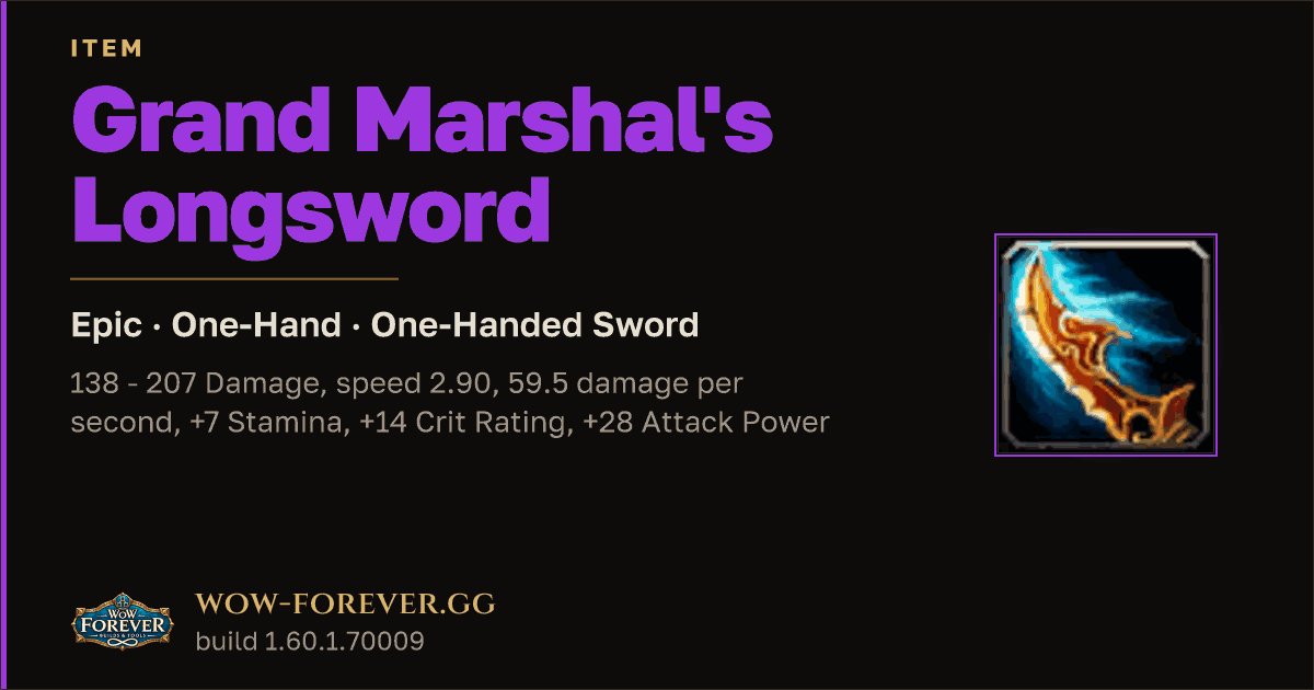 The preview card for Grand Marshal's Longsword - Epic One-Hand Sword