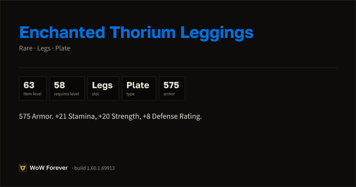 The preview card for Enchanted Thorium Leggings - Rare Plate Legs