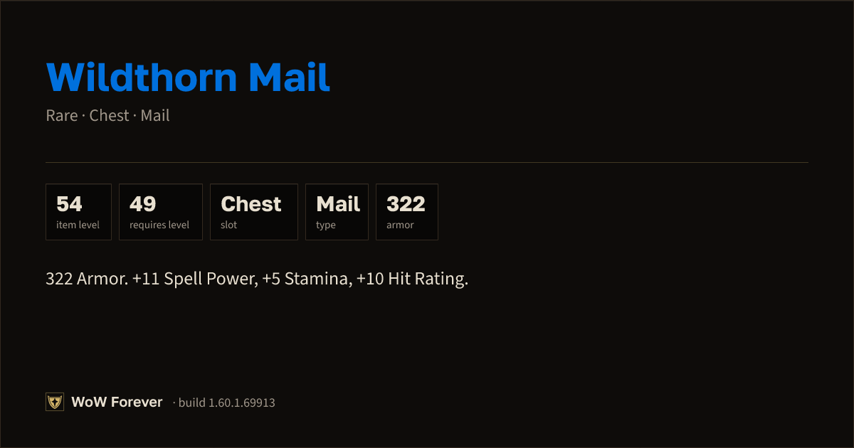 The preview card for Wildthorn Mail - Rare Mail Chest, Item Level 54
