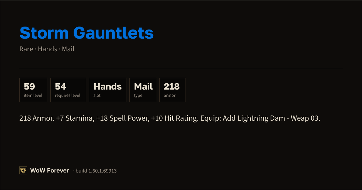 The preview card for Storm Gauntlets - Rare Mail Hands, Item Level 59