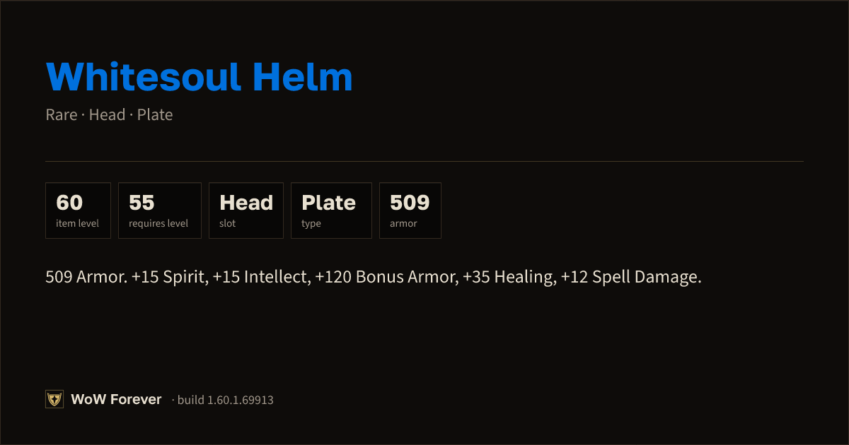The preview card for Whitesoul Helm - Rare Plate Head, Item Level 60
