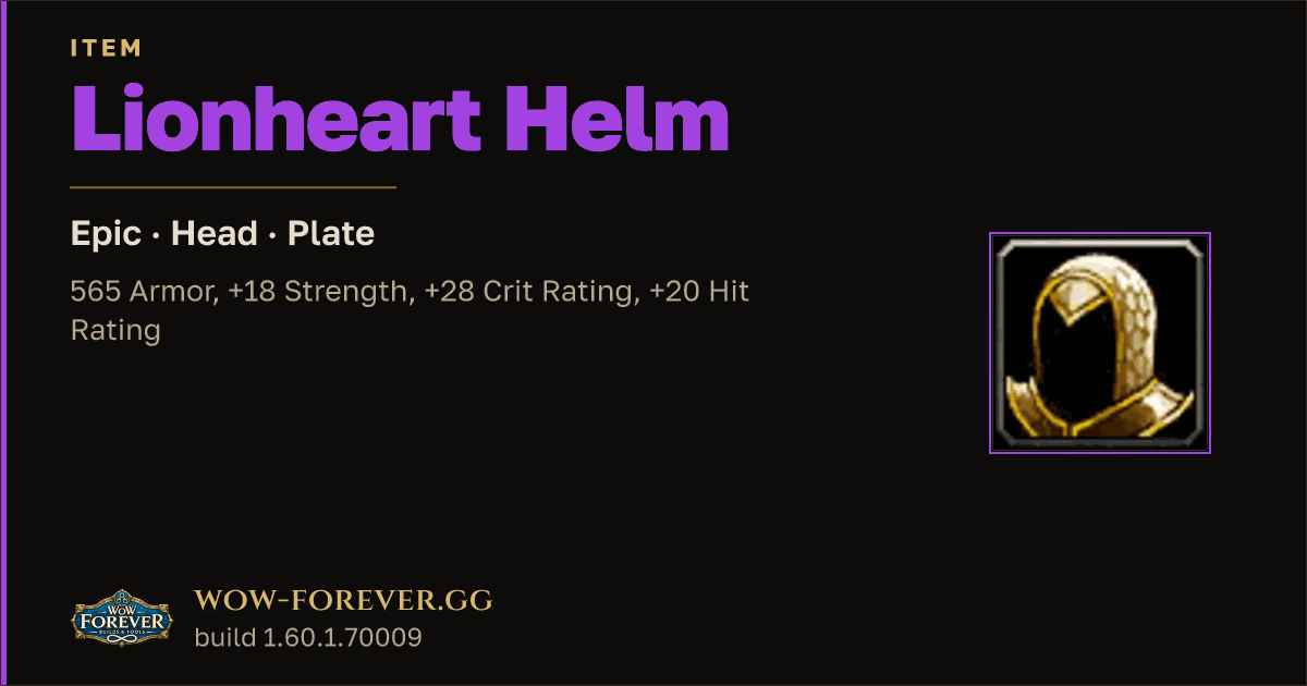 The preview card for Lionheart Helm - Epic Plate Head, Item Level 61