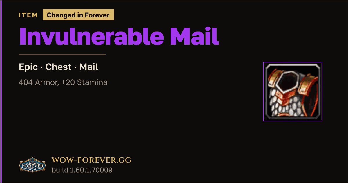 The preview card for Invulnerable Mail - Epic Mail Chest, Item Level 63