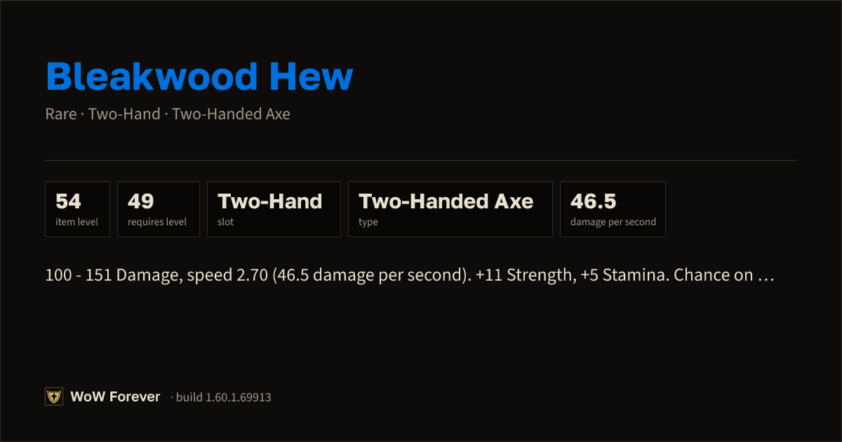 The preview card for Bleakwood Hew - Rare Two-Hand Axe, Item Level 54