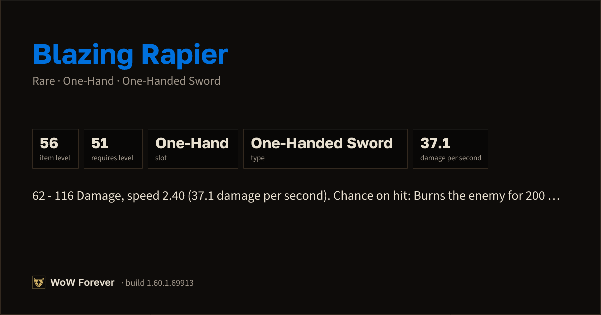 The preview card for Blazing Rapier - Rare One-Hand Sword, Item Level 56