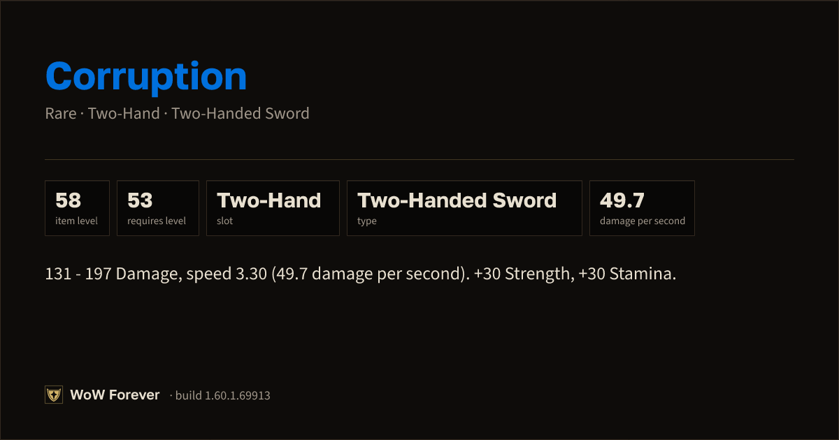 The preview card for Corruption - Rare Two-Hand Sword, Item Level 58
