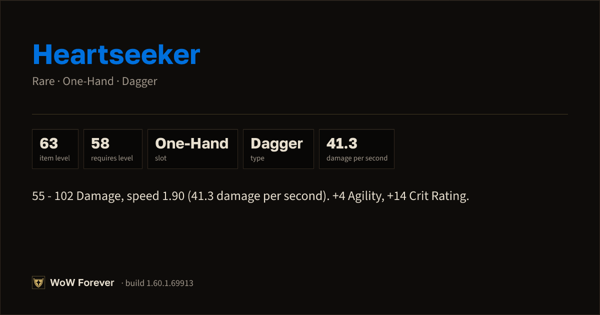 The preview card for Heartseeker - Rare One-Hand Dagger, Item Level 63