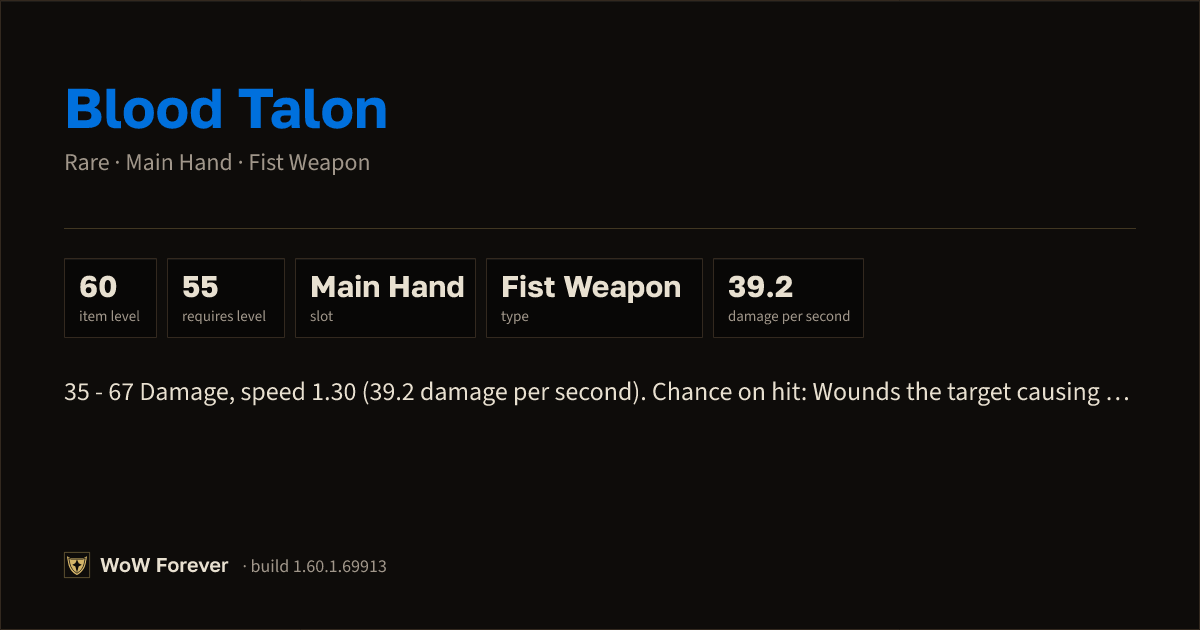 The preview card for Blood Talon - Rare Main-Hand Fist Weapon
