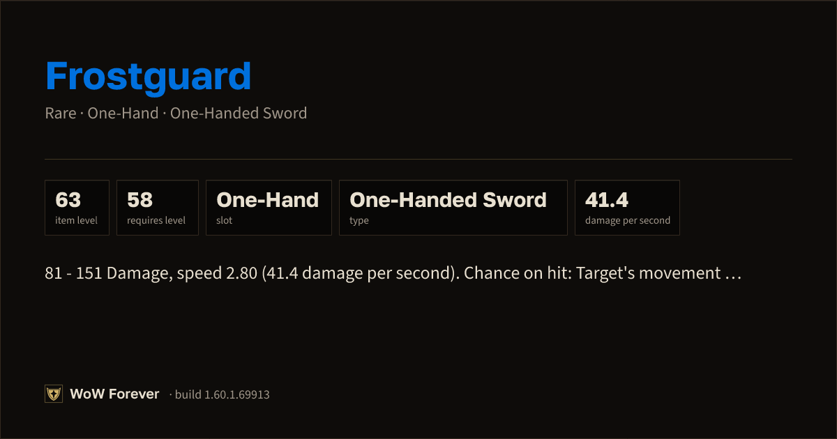 The preview card for Frostguard - Rare One-Hand Sword, Item Level 63