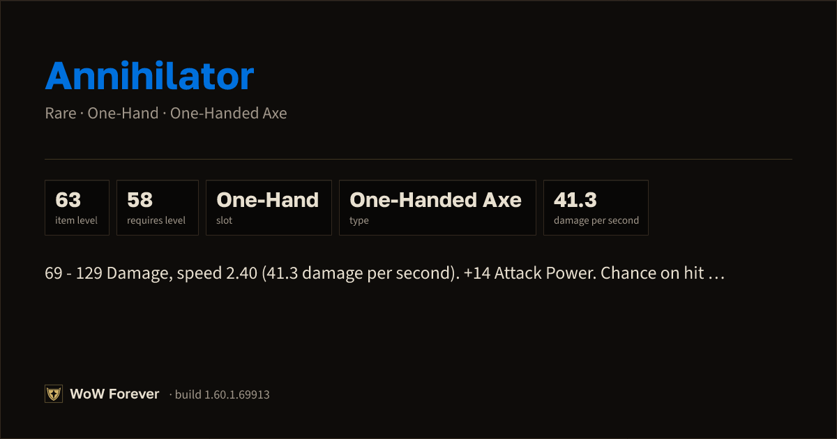 The preview card for Annihilator - Rare One-Hand Axe, Item Level 63