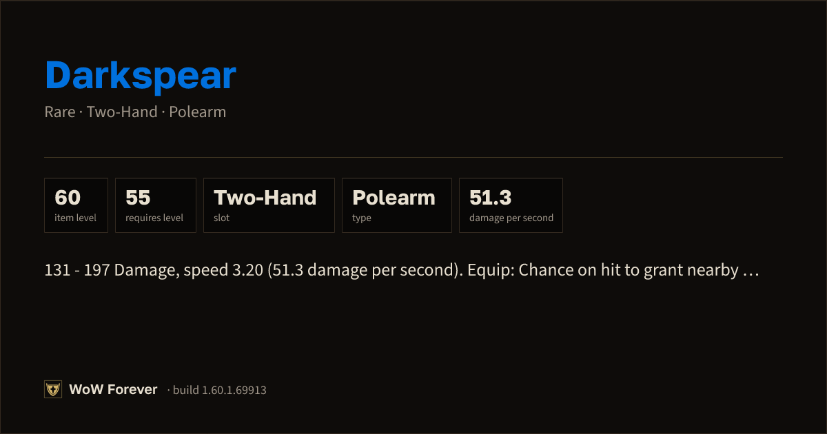The preview card for Darkspear - Rare Two-Hand Polearm, Item Level 60