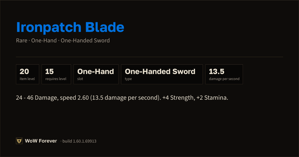 The preview card for Ironpatch Blade - Rare One-Hand Sword