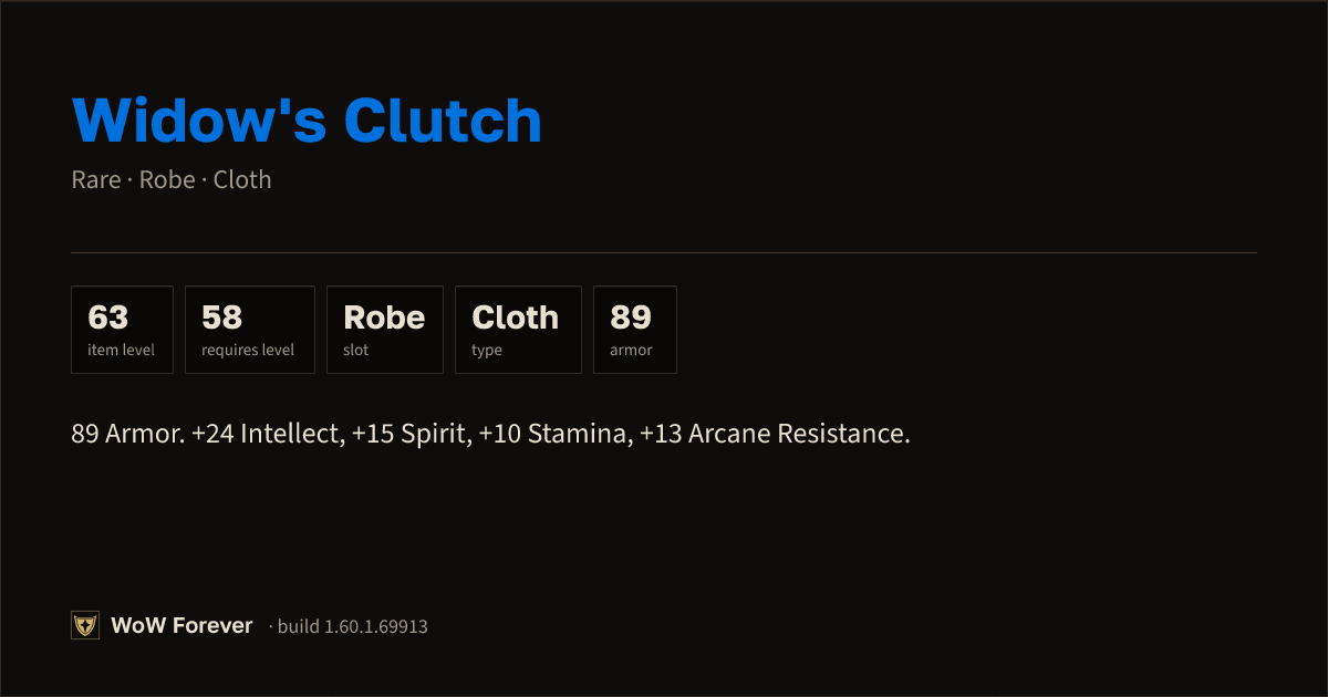 The preview card for Widow's Clutch - Rare Cloth Robe, Item Level 63