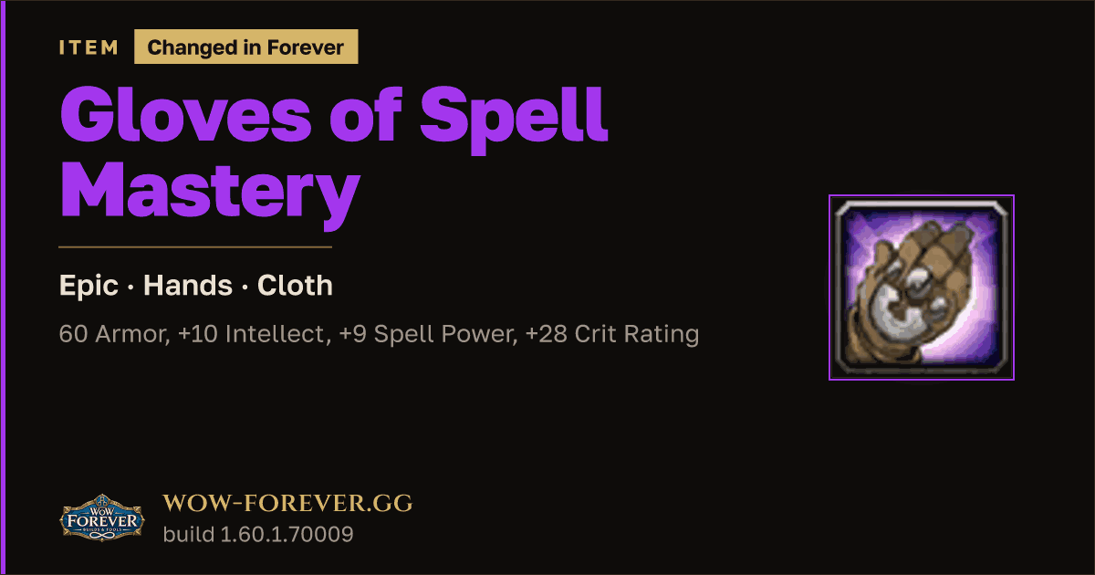 The preview card for Gloves of Spell Mastery - Epic Cloth Hands