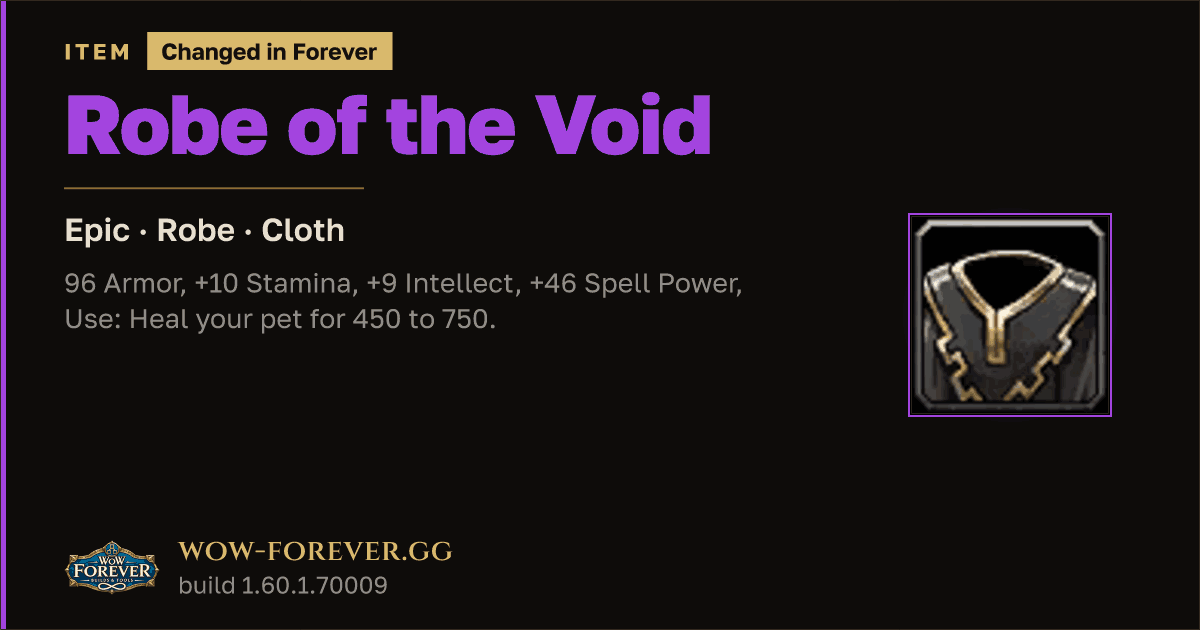 The preview card for Robe of the Void - Epic Cloth Robe, Item Level 62