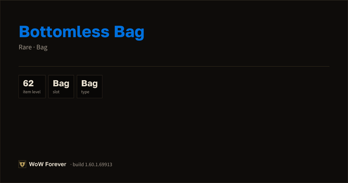 The preview card for Bottomless Bag - Rare Bag, Item Level 62