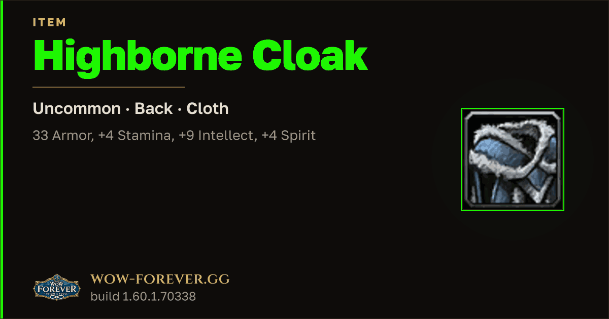 The preview card for Highborne Cloak