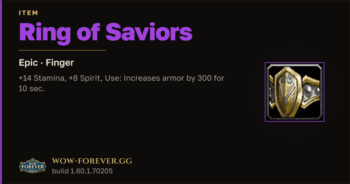 The preview card for Ring of Saviors - Epic Ring, Item Level 46