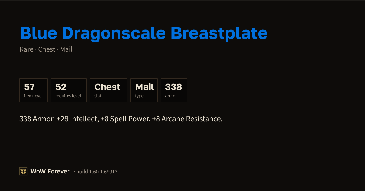 The preview card for Blue Dragonscale Breastplate - Rare Mail Chest